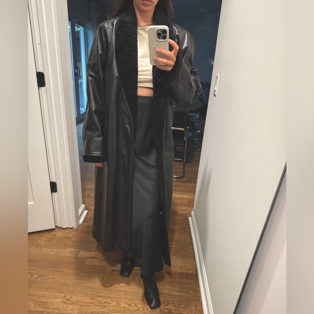 Vintage Long Black Faux Leather Trench Coat